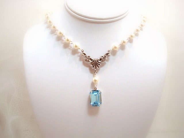 Bridal necklace, wedding jewelry, pearl necklace, something blue necklace, vintage style necklace with Swarovski crystal
