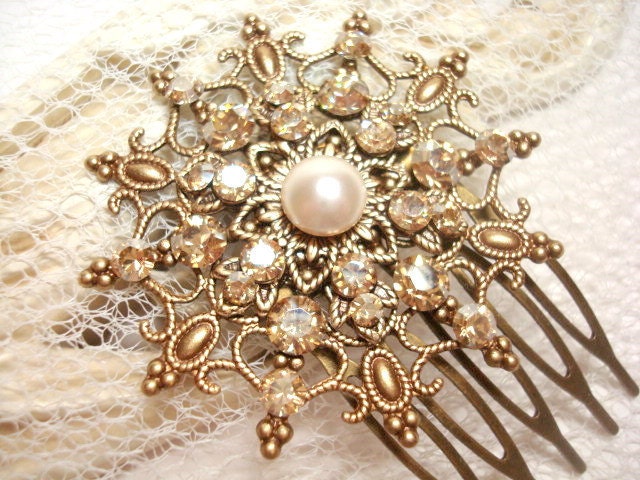 Bridal hair comb, vintage style hair comb, antique brass filigree with Swarovski golden shadow crystals, wedding hair comb, fascinator