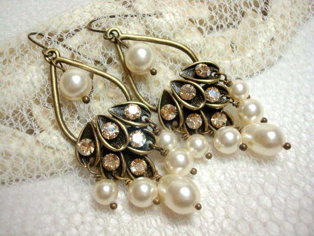 Bridal earrings, wedding jewelry, vintage style earrings with Swarovski golden shadow crystals, Swarovski ivory pearls, chandelier earrings