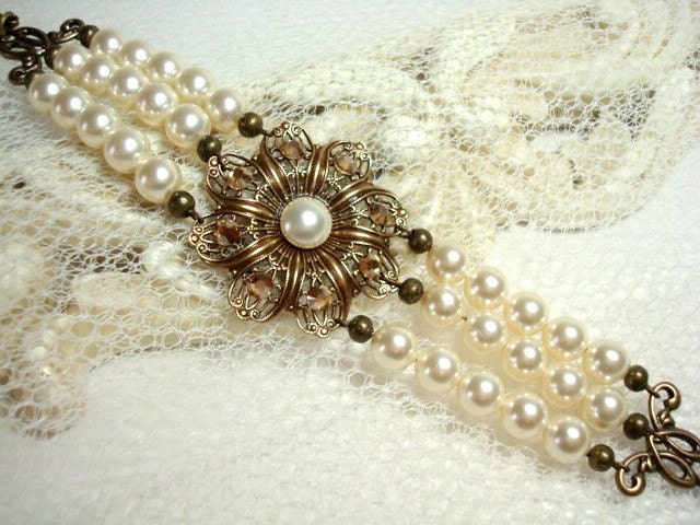Vintage bridal bracelet, wedding pearl bracelet with Swarovski pearls and golden shadow crystals, antique bracelet, wedding jewelry