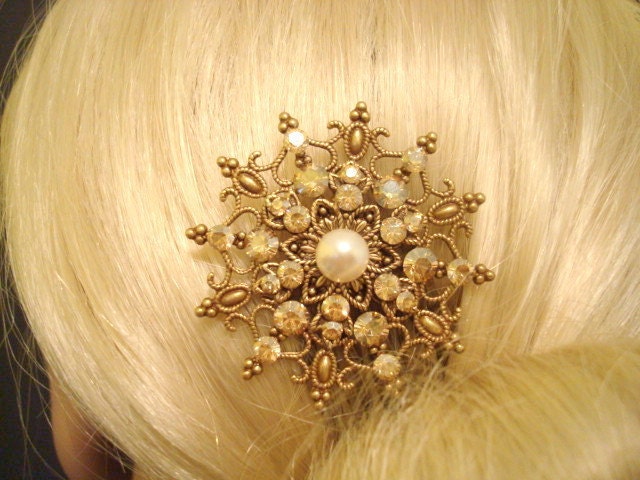 Bridal hair comb, vintage style hair comb, antique brass filigree with Swarovski golden shadow crystals, wedding hair comb, fascinator