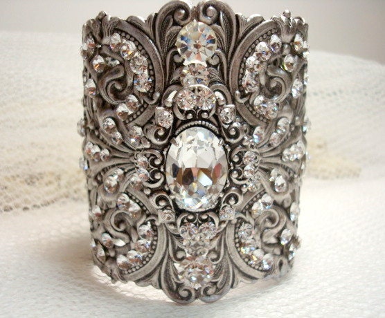 Bridal cuff bracelet, wedding bracelet, wedding jewelry, antique silver, vintage style bracelet, Swarovski crystals, Dramatic, wide bracelet