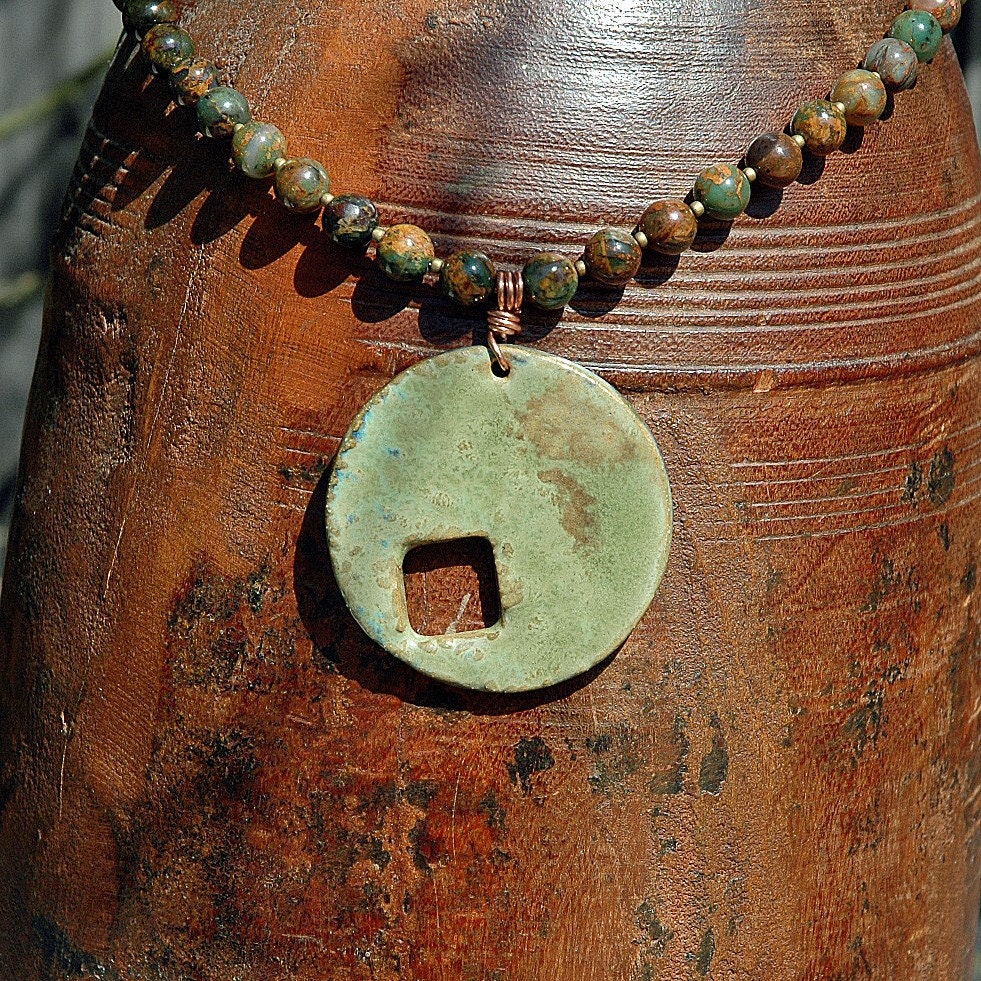 Green Opals Necklace with Ceramic Pendant