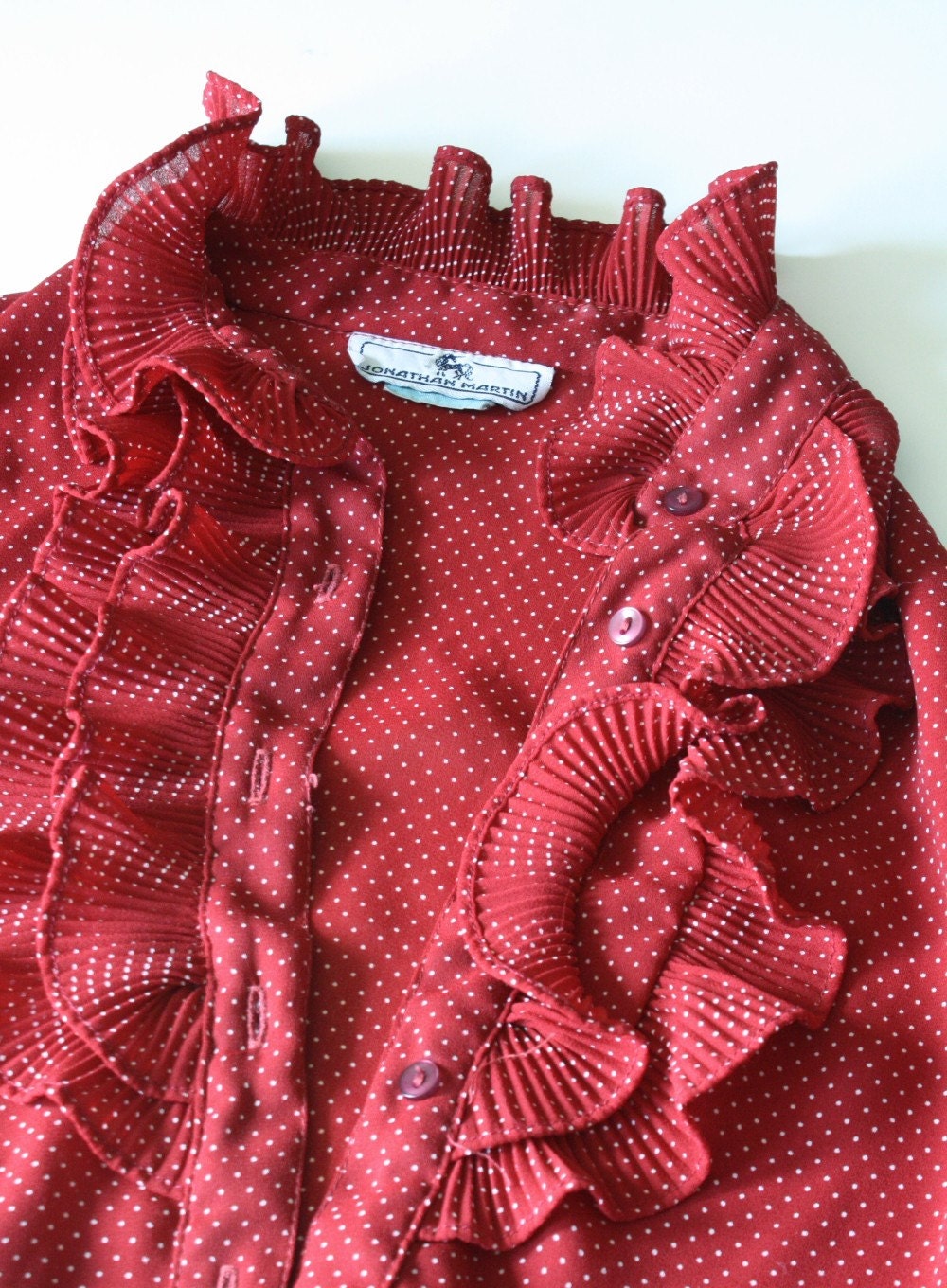 sheer maroon polka dot ruffled secretary blouse small 4 / 6