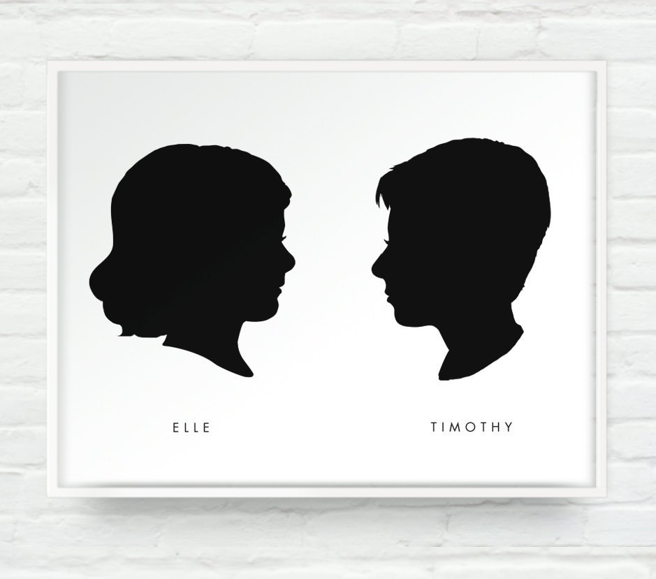 Two Custom Silhouettes Portraits Print on White - Personalized Girl or Boy Children Name Art 11x14 Mothers Day Fathers Day