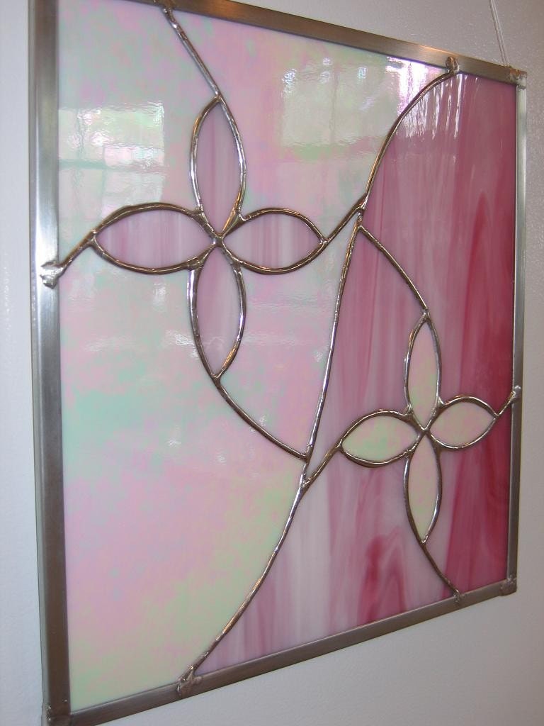 White Iridescent and Pink Stained Glass Panel