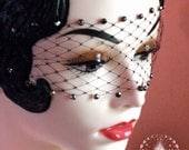 Mysterious Black Lace Bandeau Mask w/  Hematite Swarovski Crystals & French Netting - by Moonshine Baby