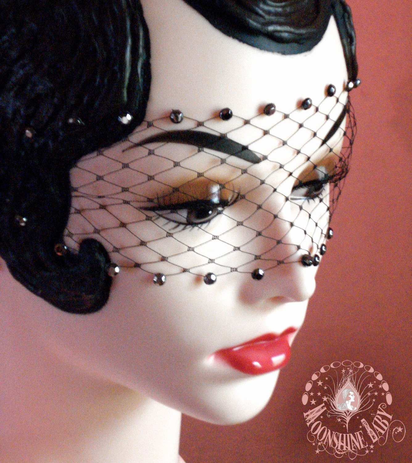 Mysterious Black Lace Bandeau Mask w/  Hematite Swarovski Crystals & French Netting - by Moonshine Baby