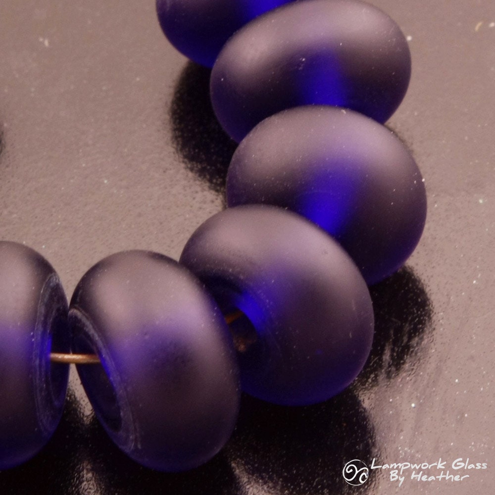 Lampwork Beads Dark Blue Etched Sea Glass Handmade Rondelle Spacer Set Heather Behrendt (1518) BHV SRA LETeam