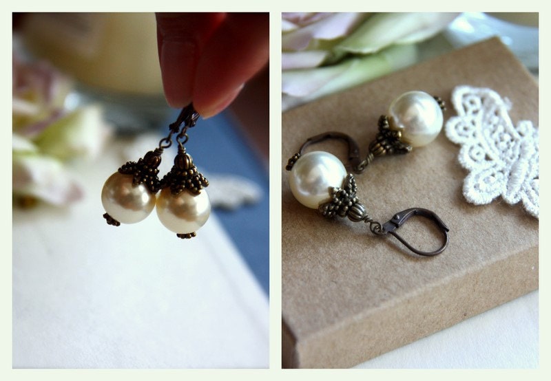 Graciela II  - A Ivory Cream Swarovski Glass Pearls Vintage Style Earrings.  Lovely Gift.  Wedding Inspired. Vintage Style