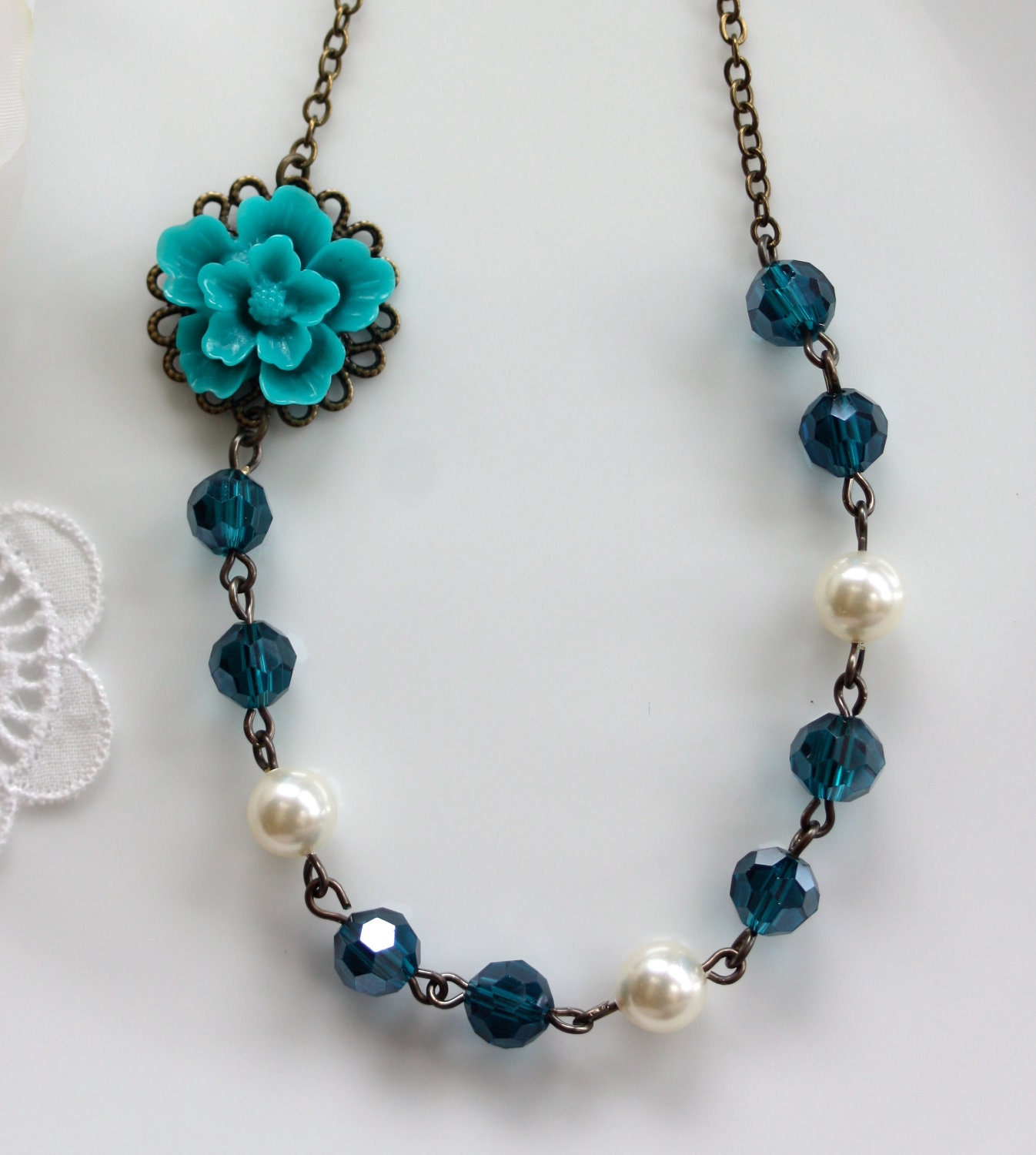 Shades of Blue  - A Teal Cyan Blue Sakura Flower, Faceted Blue Glass Beads, Pearls Necklace. Nature.  Wedding Bridal.