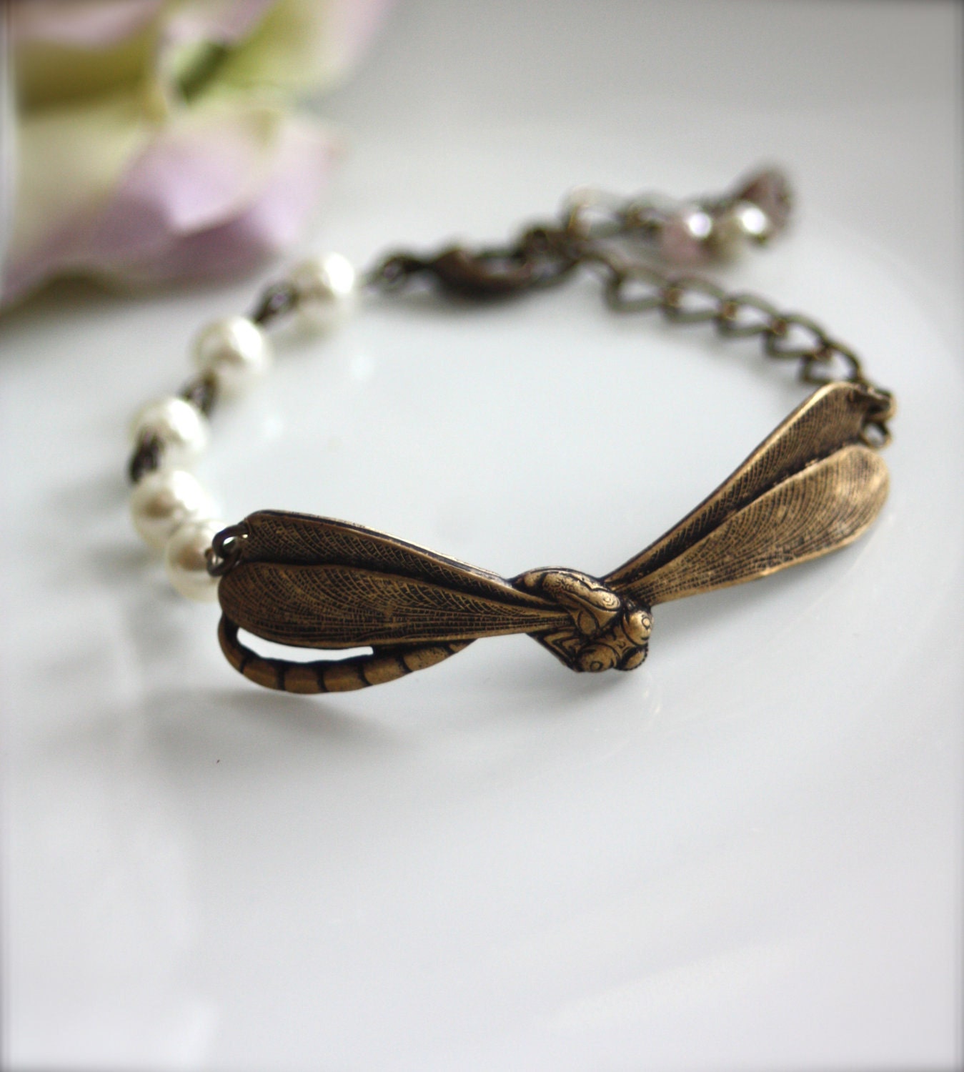A Sweet Dragonfly, Swarovski Ivory Pearls, Antiqued Brass Adjustable Bracelet. An Oxidized Brass Dragonfly. For Mom, Bridesmaids.