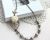An Ivory Rose Flower, Leaf, Flying Swallow Bird, Platinum, Dark Grey Pearl Necklace. Vintage Bride. Bridesmaid Necklace. Wedding Gifts.