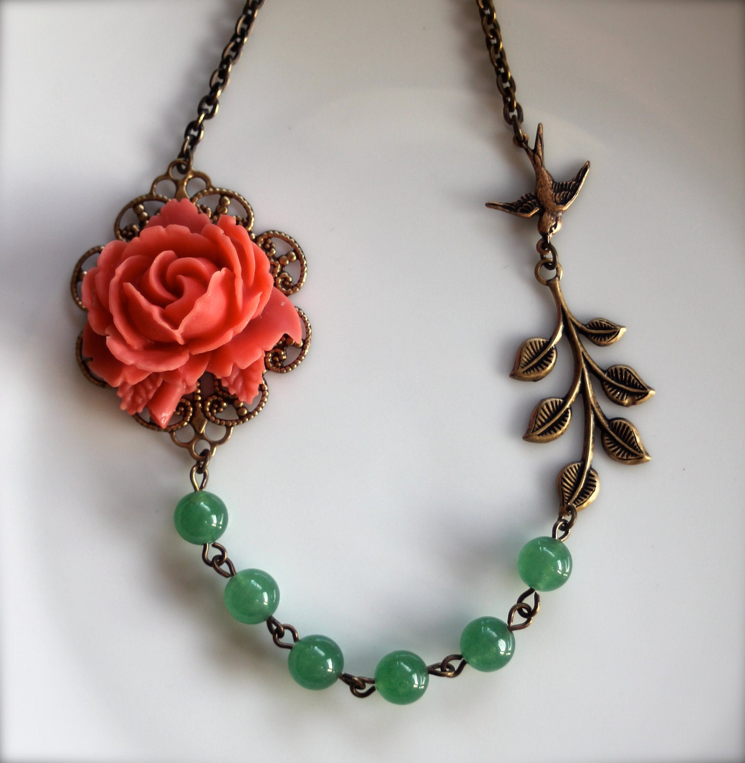A Coral Color Rose Flower, Aventurine Gemstone Beads, Oxidized Branch, Flying Swallow, Necklace.  Holiday Gifts For Her. Bridesmaid Gifts.