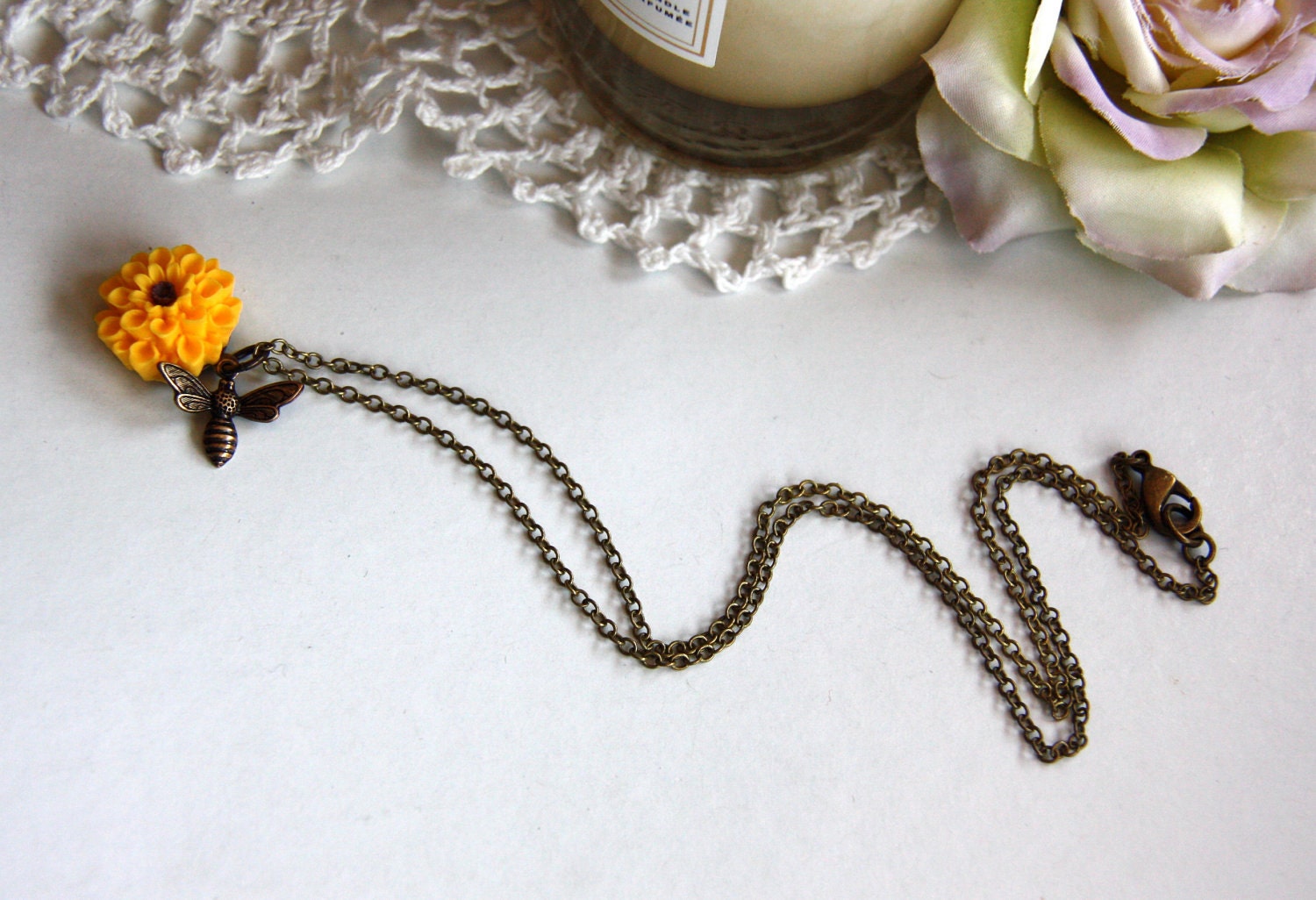 A Tiny Bee Flying Necklace with A Mustard Yellow Dahlia Flower. Bee Lover. Summer Garden Inspired. Nature Inspired. Bridesmaids Gifts.