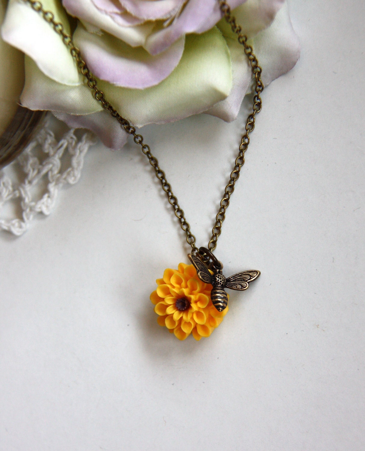 A Tiny Bee Flying Necklace with A Mustard Yellow Dahlia Flower. Bee Lover. Summer Garden Inspired. Nature Inspired. Bridesmaids Gifts.