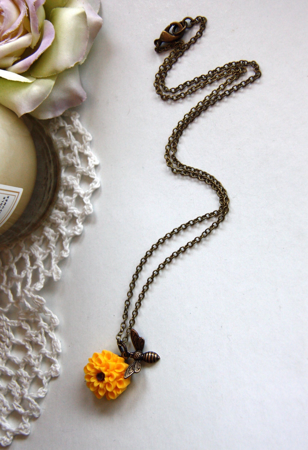 A Tiny Bee Flying Necklace with A Mustard Yellow Dahlia Flower. Bee Lover. Summer Garden Inspired. Nature Inspired. Bridesmaids Gifts.
