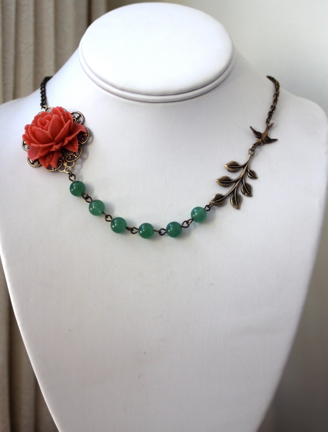A Coral Color Rose Flower, Aventurine Gemstone Beads, Oxidized Branch, Flying Swallow, Necklace.  Holiday Gifts For Her. Bridesmaid Gifts.