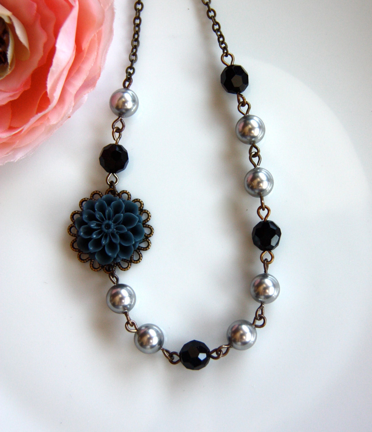 Midnight Love - A Dark Blue Chrysanthemum Flower, Swarovski Silver Glass Pearls and Black Faceted Beads Necklace. Bridesmaid Gifts.