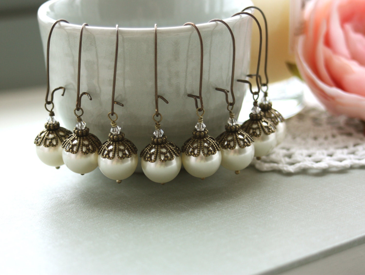 Special Price - Set of Four (4) Ivory Cream Pearl Dangle Earrings. Vintage Style, Antiqued Brass. Bridesmaids Gifts. Maid Of Honor.
