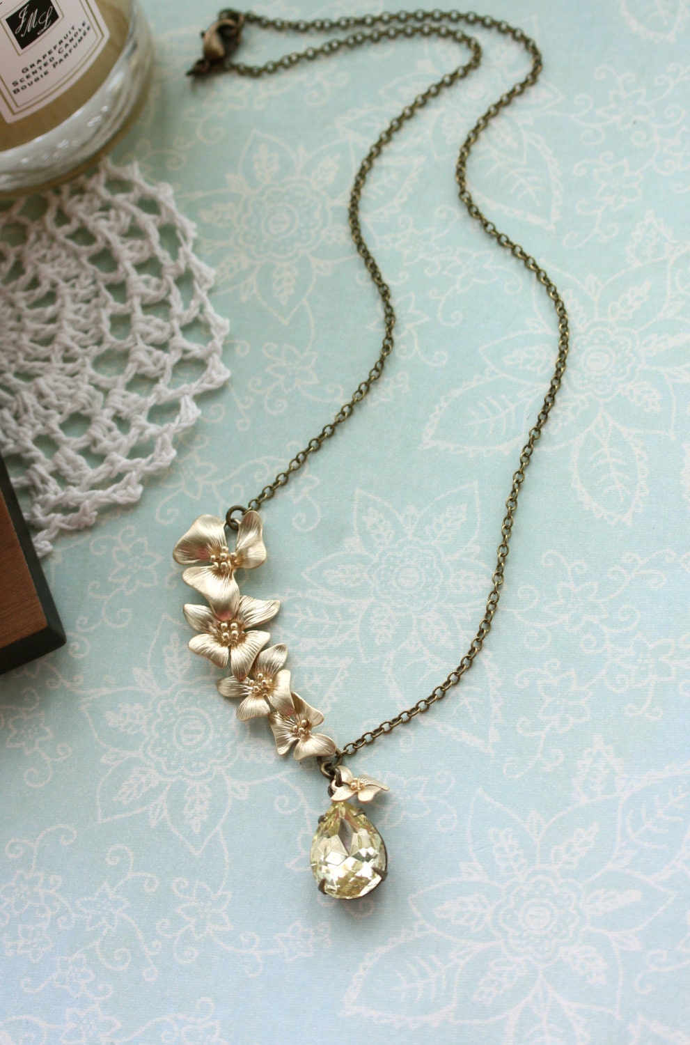 A Cascading Orchid Flower, Yellow Jonquil Glass Jewel Vintage Style Necklace.  Wedding Jewelry. Bridesmaid Gift Ideas. Maid Of Honour.