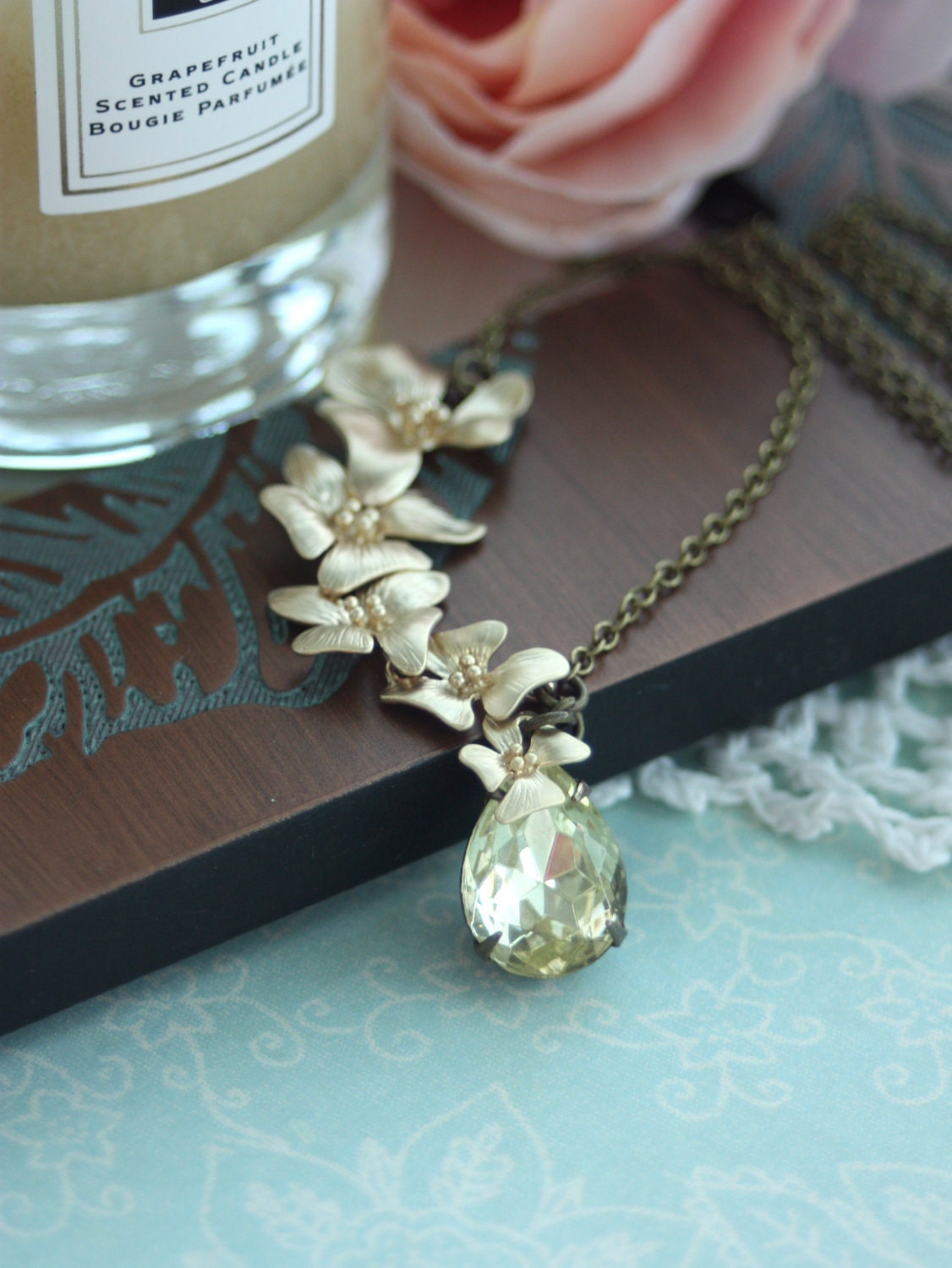 A Cascading Orchid Flower, Yellow Jonquil Glass Jewel Vintage Style Necklace.  Wedding Jewelry. Bridesmaid Gift Ideas. Maid Of Honour.