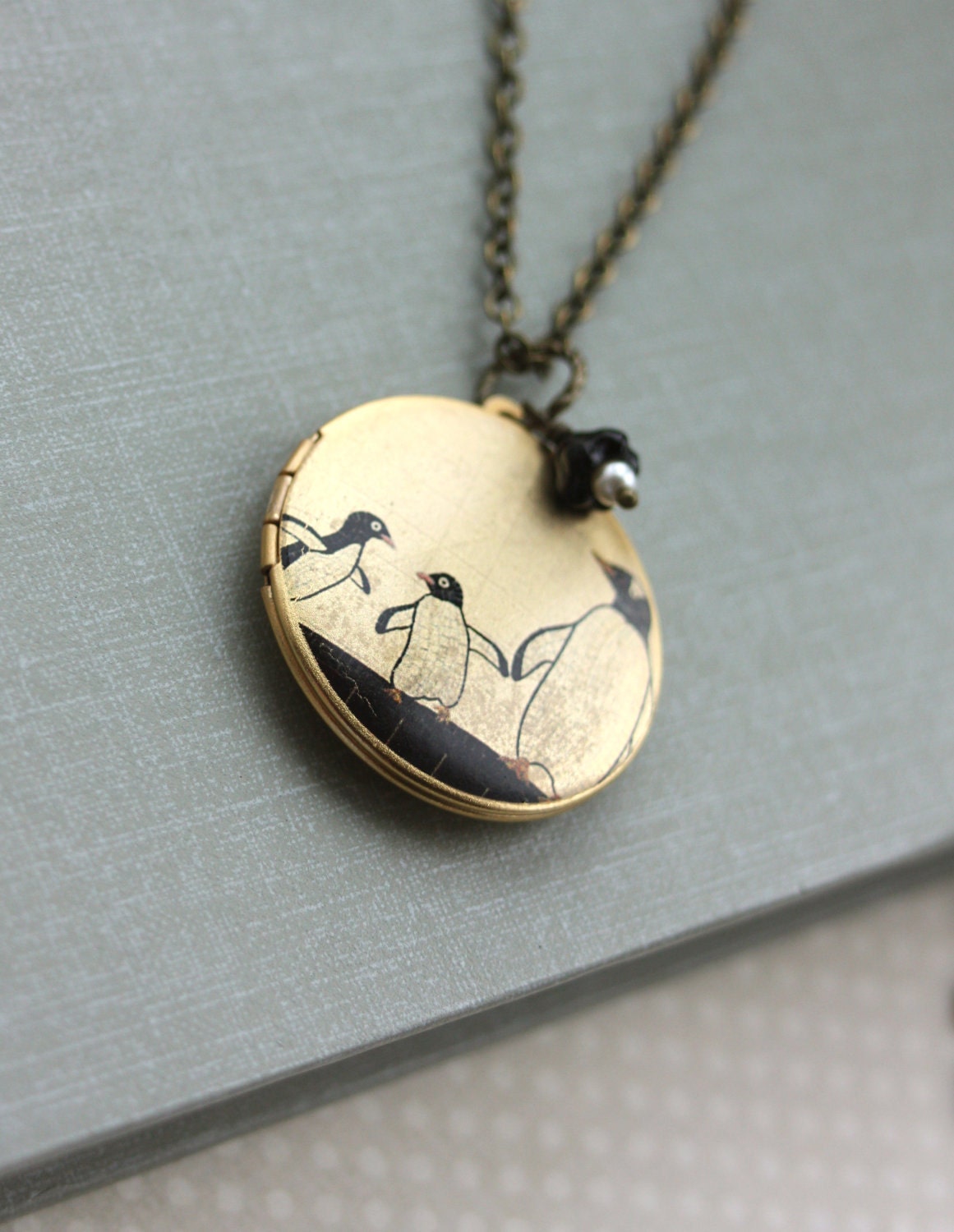 An Altered Art Locket of Family of Penguins - USA Handmade Image Photo Brass Locket Necklace. Unqiue.
