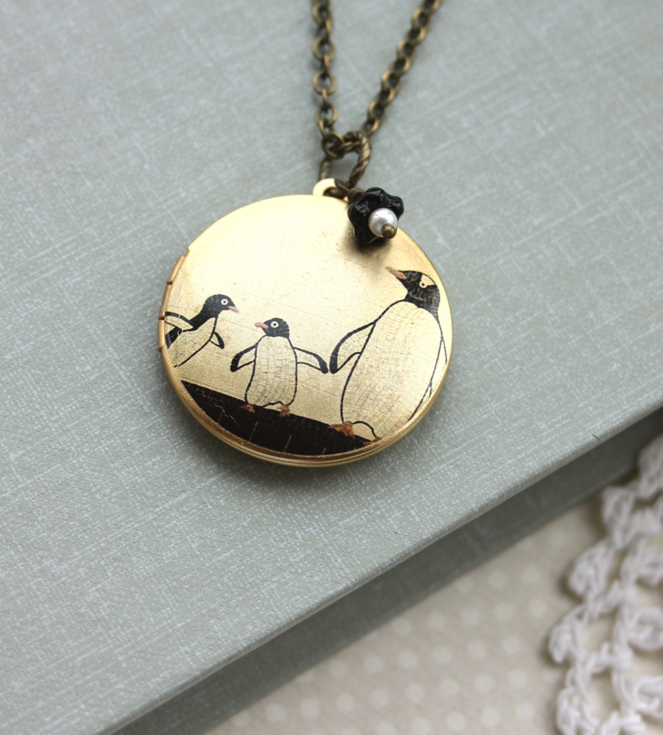 An Altered Art Locket of Family of Penguins - USA Handmade Image Photo Brass Locket Necklace. Unqiue.