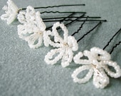 Hair Pins Beaded White Flowers - Wedding Bridal - Set of 5