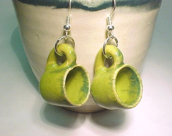 Teacup Earrings Lime Green Miniature Wheelthrown Stoneware Tiny Tea cups