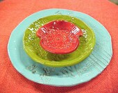 Hand Built Sushi Appetizer Tapas Tidbit Plate 3 pc Set Aqua Lime Red Wasabi Sauce Dish Lacy Textures Food Safe Unique OOAK