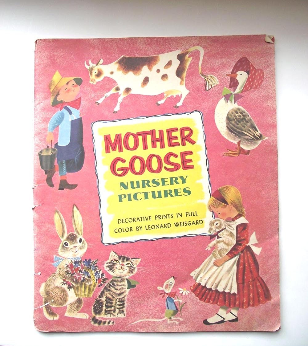 4 Mother Goose LARGE Nursery Pictures 1950s Penn Press Leonard Weisgard