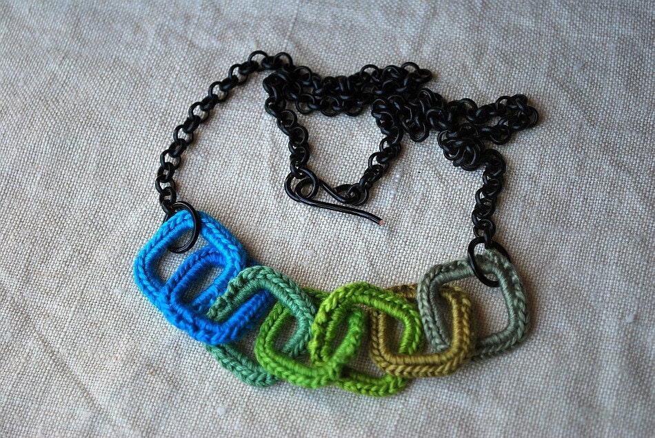 Turquoise and Green Crochet Square Links Necklace - So Unique