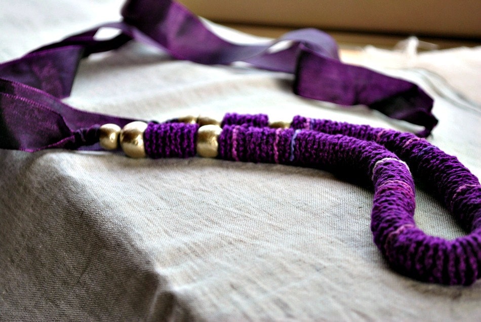 Long Purple Crochet Necklace with Handmade Beads
