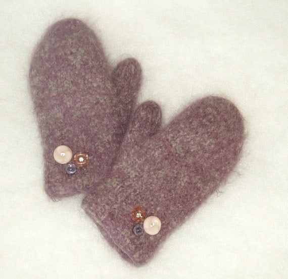 Handknit Mittens felted wool with Vintage Buttons