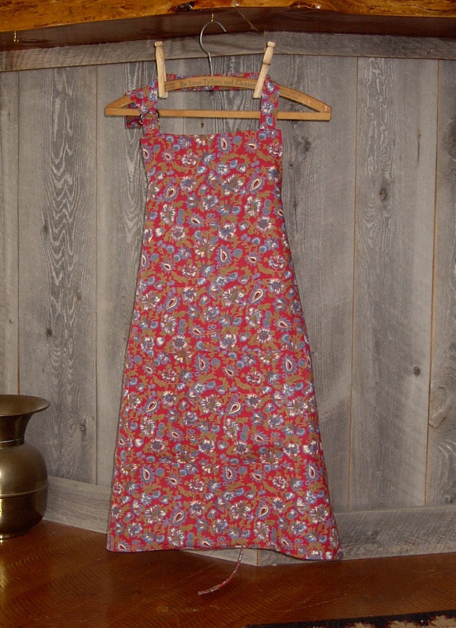 Full Apron 100% Linen Red Blue Green Floral Print