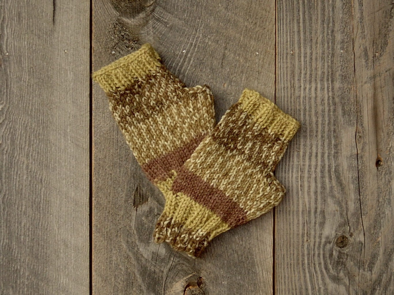 Handknit Fingerless Gloves/Mitts Camo Green and Brown