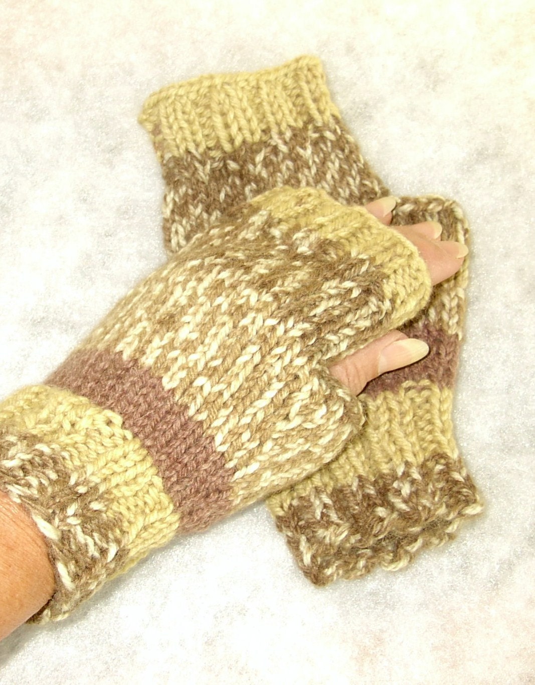 Handknit Fingerless Gloves/Mitts Camo Green and Brown