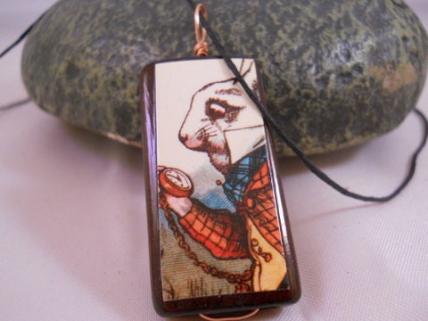 I'm Late White Rabbit Bamboo Tile Necklace