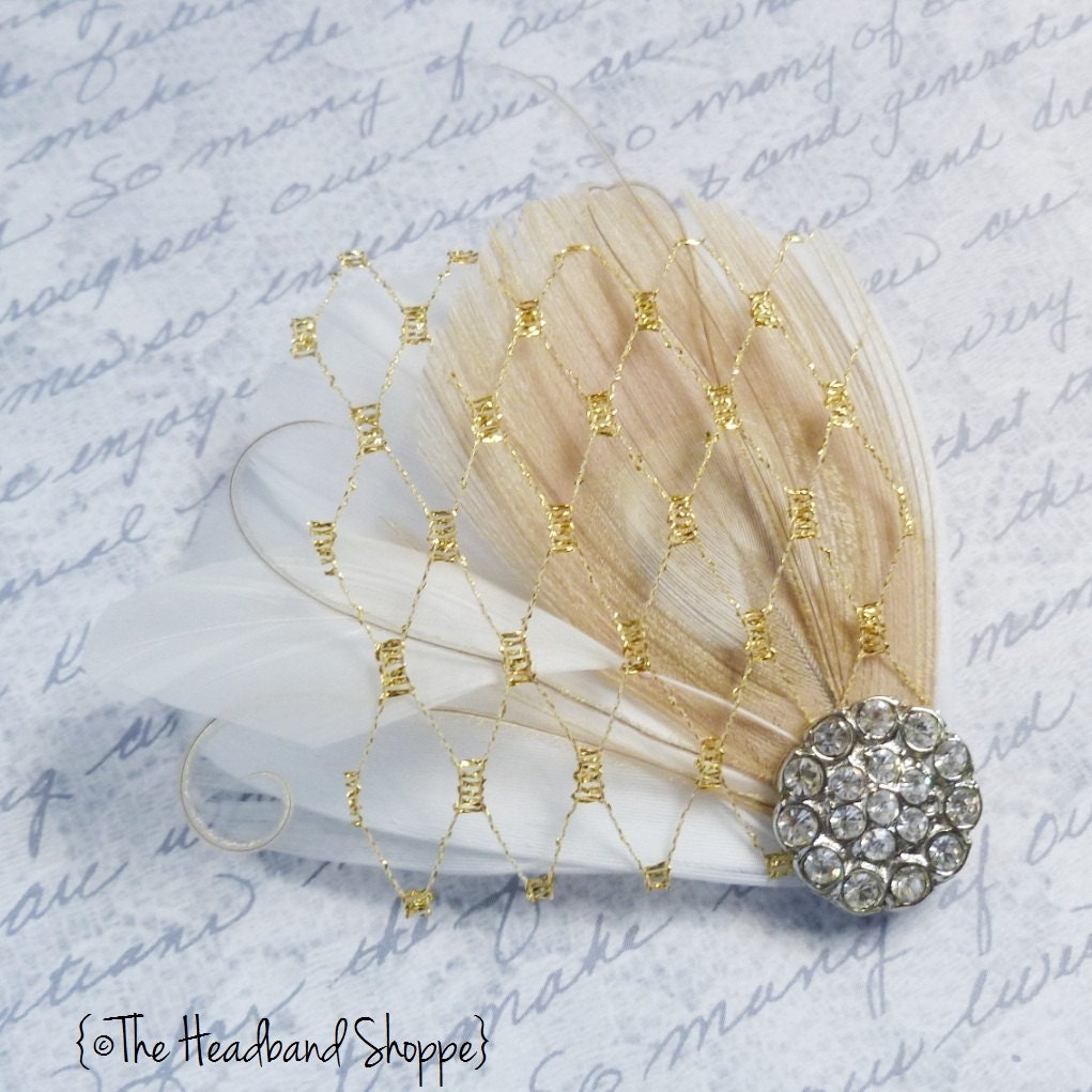 Ivory Champagne and Gold Bridal Feather Hairclip - MILA PETIT - customizable bridal fascinator