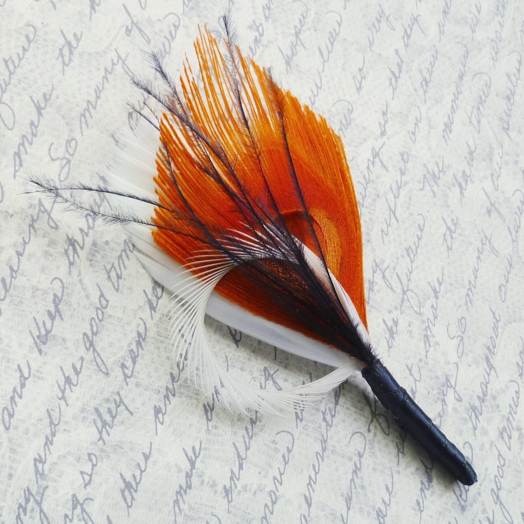 Wedding Groomsmen Peacock Boutonniere Orange, Navy Blue, and Ivory Grooms Lapel Pin Buttonhole - SPICE