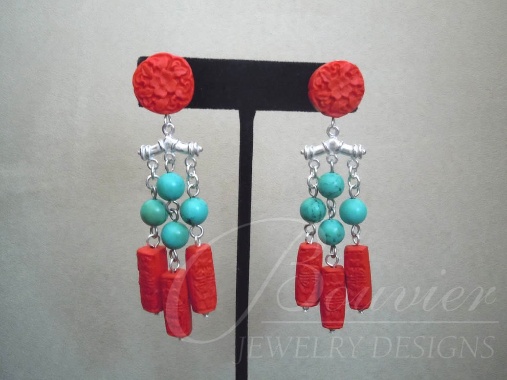 Costa Rica -- Red Cinnabar and Turquoise earrings