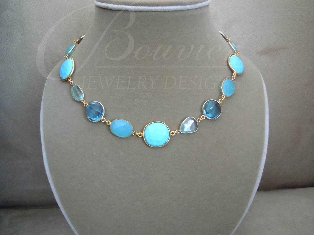 NEW Skylar -- One of a Kind -- Turquoise, Sky Blue Topaz, London Blue Quartz, and Aqua Blue Chalcedony Gemstone necklace