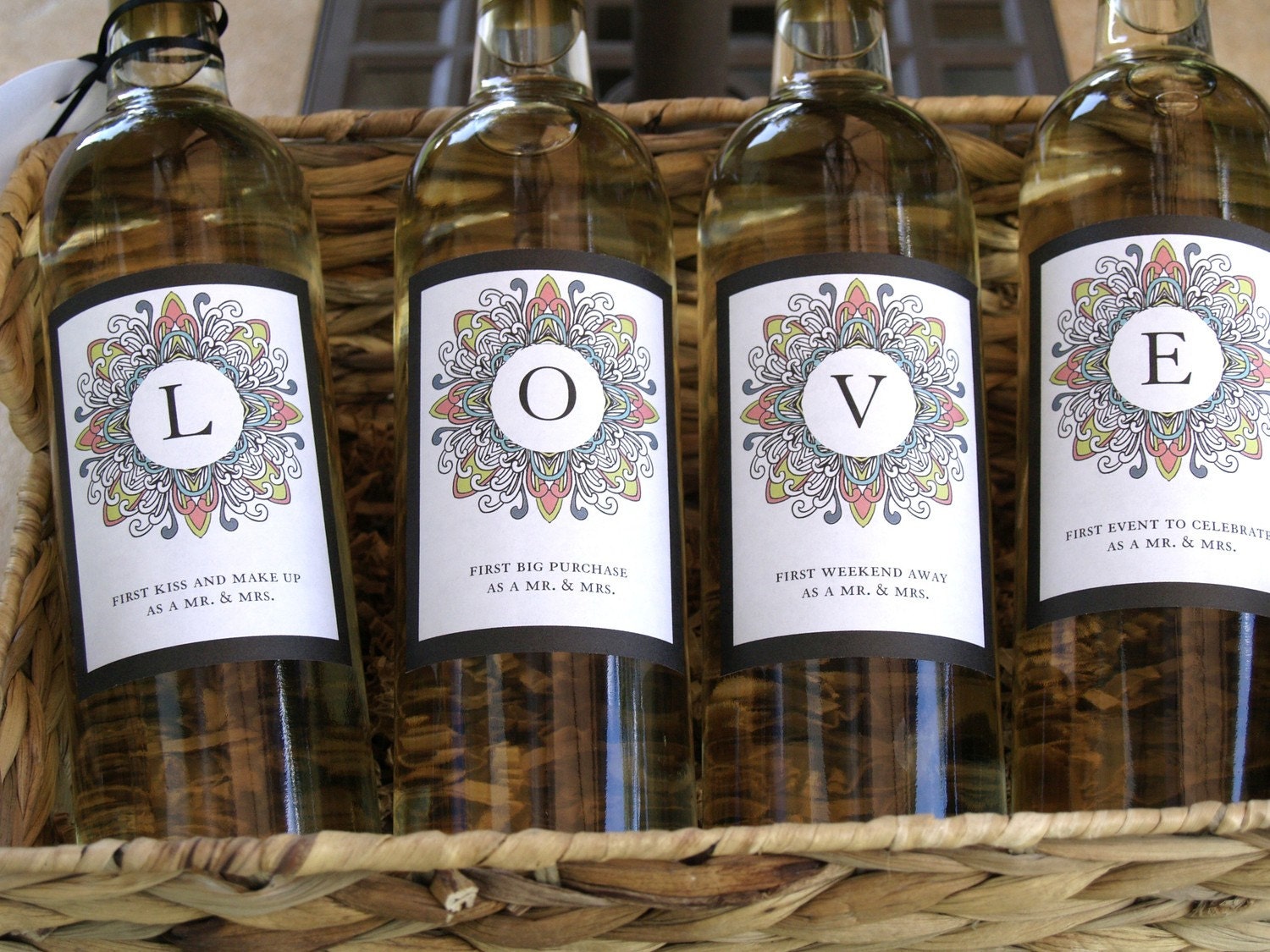 Printed and shipped set of 4 color burst LOVE Wine bottle lables for bridal shower or wedding gifts