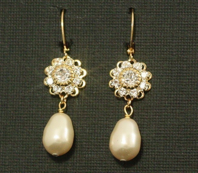 Bridal Jewelry Earrings, Pearl Rhinestone Earrings, Gold Vintage Wedding Earrings, Dangle Bridal Earrings - VINTAGE ROMANCE