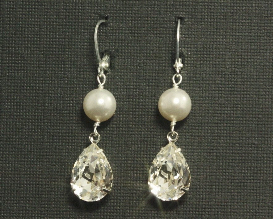 Rhinestone Wedding Earrings, Bridesmaid Bridal Jewelry, Ivory Pearl Drop Earrings, Rhinestone Teardrop Earrings -- DAPHNE