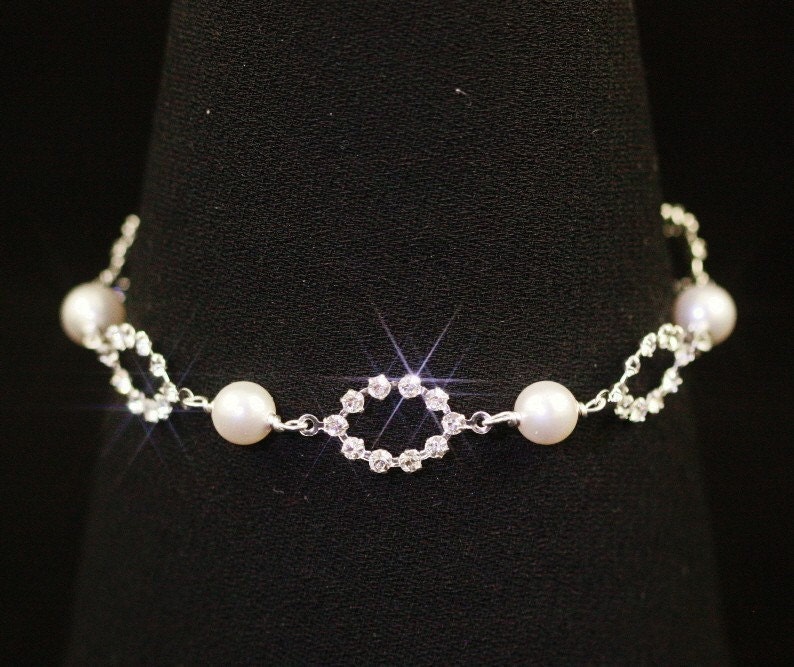 Pearl Wedding Bracelet, Rhinestone Bridal Bracelet, Swarovski Crystal Bracelet, Silver Wedding Jewelry, Delicate Bridal Jewelry -- CLAIRE