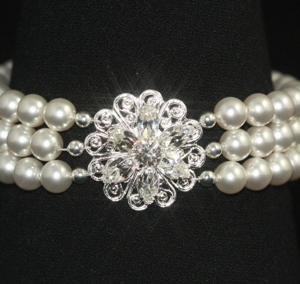 Pearl Bracelet, Vintage Bridal Bracelet, Pearl Cuff Bracelet, Crystal Rhinestone Wedding Bracelet, Triple Strand Pearl Bracelet  -- AVA