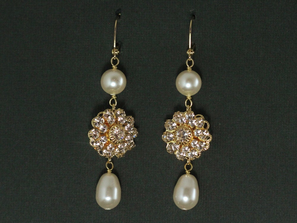 Gold Vintage Bridal Earrings -- Rhinestone Pearl Bridal Jewelry, Gold, Wedding Jewelry, Long Bridal Earrings -- VINTAGE GLAMOUR LONG