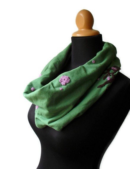 On Sale Tribute to Blossoms of Spring Cowl - Organic Cotton Hemp Hand embroidered crochet applique sakura cherry blossoms Ready to Ship
